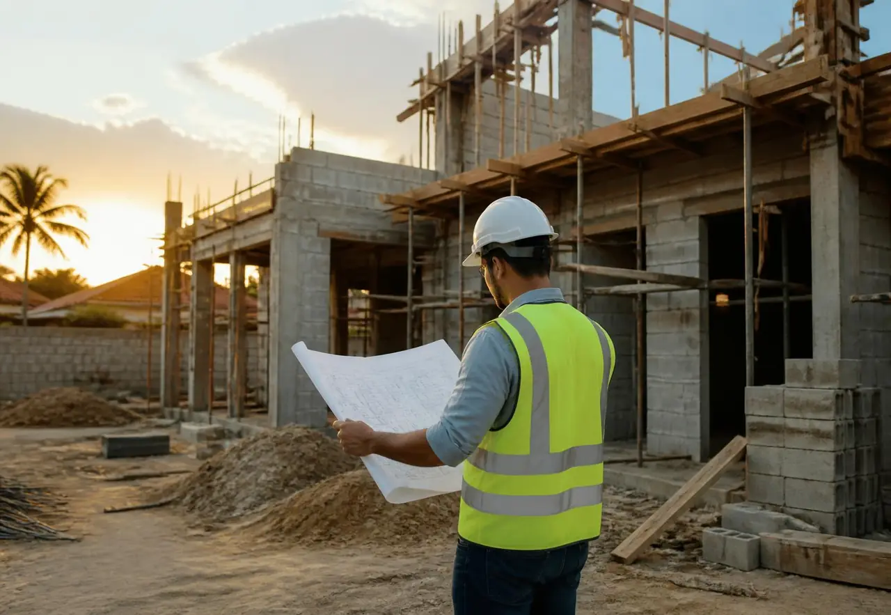Obra residencial acompanhada por engenheiro civil em Londrina (imagem ilustrativa) Engenheiro civil analisando plantas em obra residencial em construção em Londrina