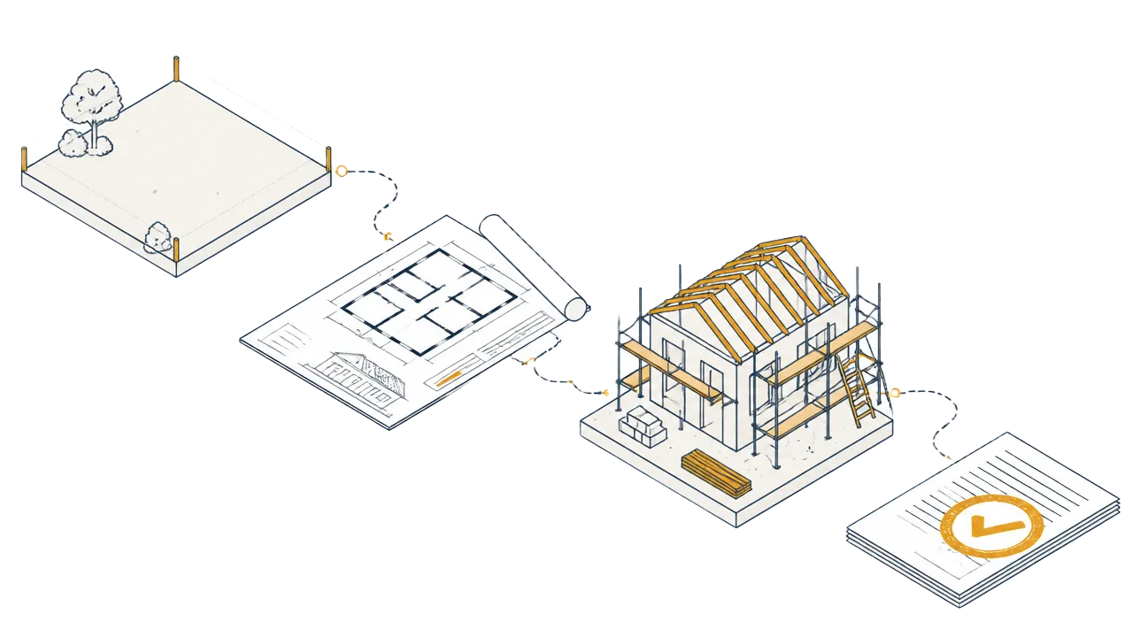 Etapas de uma construção residencial, do terreno à documentação Ilustração das etapas de uma construção: terreno, projeto, obra em execução e documento aprovado